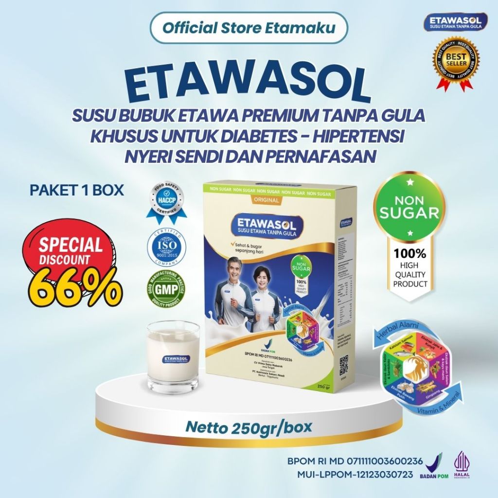 

Etawasol - Susu Kambing Etawa Pelopor Bebas Gula Atasi Diabetes, Hipertensi, Nyeri Sendi dan Pernafasan - Paket 1 Box