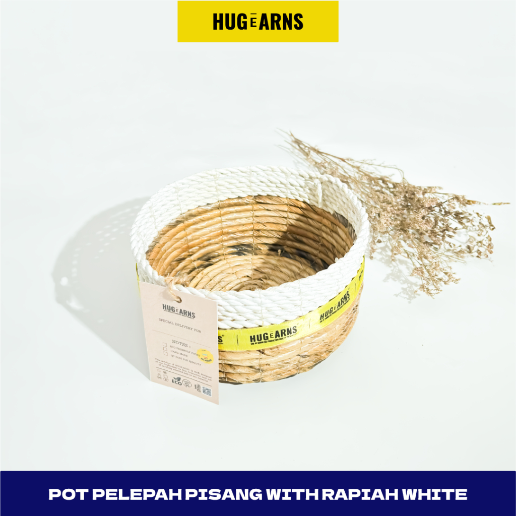 HUGeARNS - Cover Pot Anyaman / Cover Pot Seagrass / Pot Pelepah Pisang Combinasi Rapiah Putih Bulat 