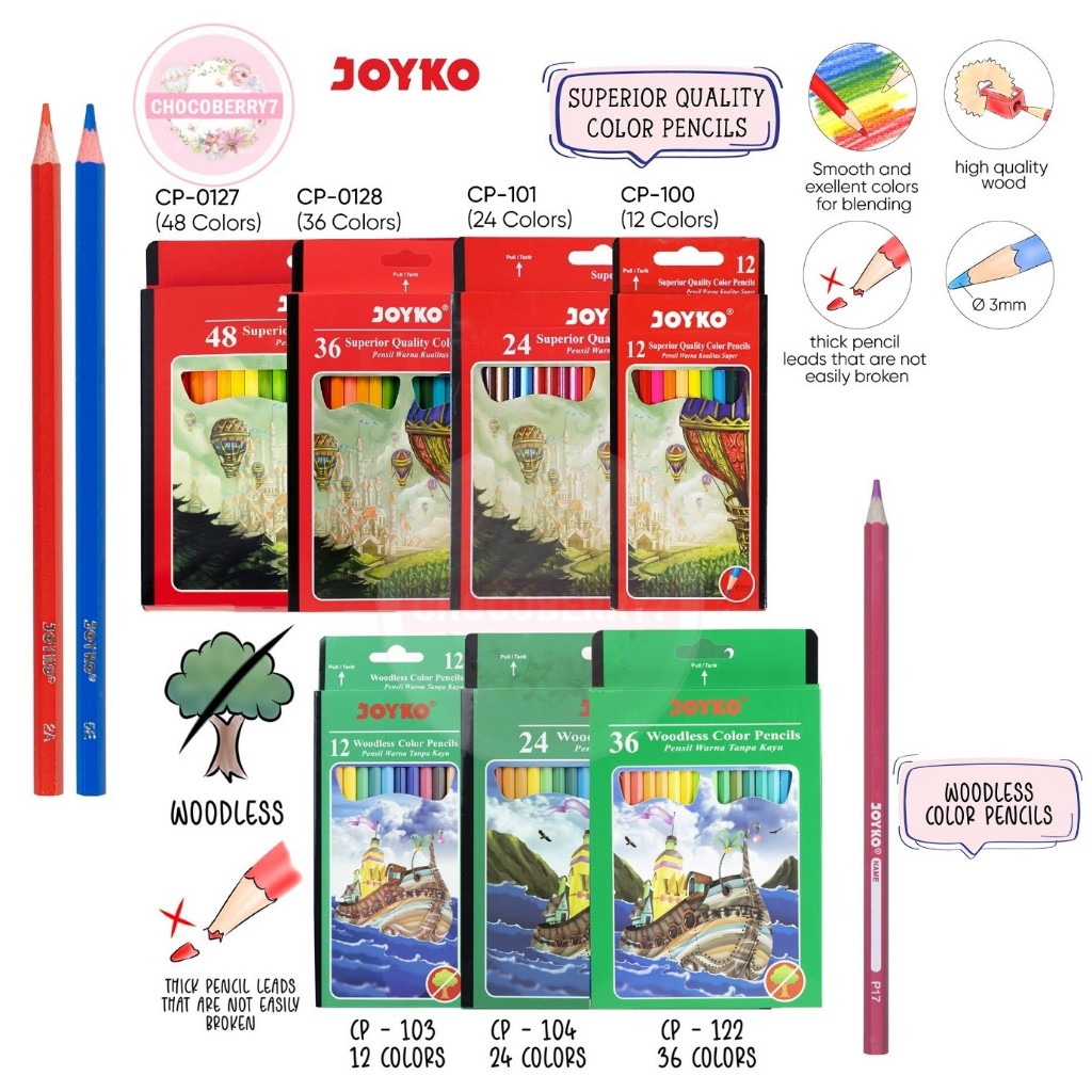 

Joyko Pensil Warna isi 12 24 36 48 Superior Quality Color Pencils Hexagonal Grip Woodless color pencils