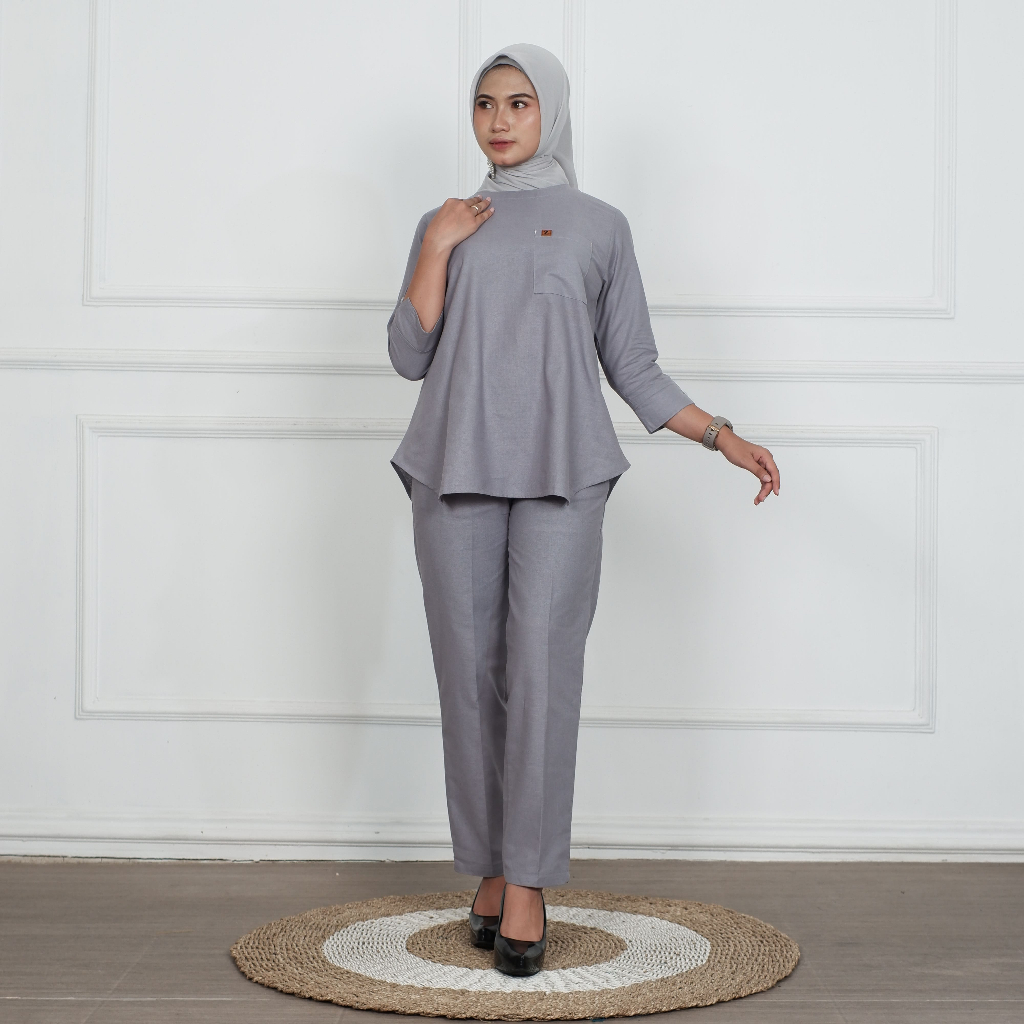 One Set Wanita Muslimah Basic Katun Linen Rami Premium Setelan Motif Polos Kekinian