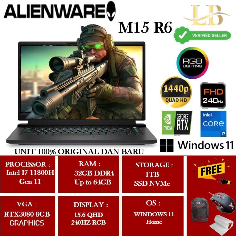 Alienware M15 R6 Intel i7 11800H 32GB 1TB SSD RTX3080-8GB 15"QHD 240Hz RGB 11Win11