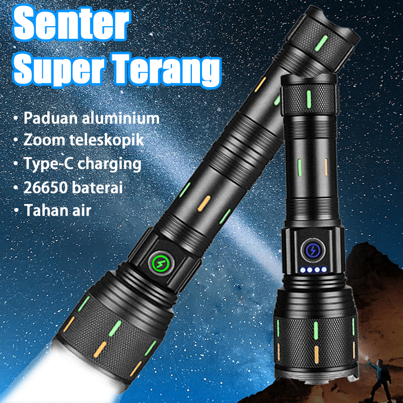 ANBOLT Senter Super Terang Lampu Suluh Terang Jarak Jauh Zoomable Flashlight 100000 lumen USB Rechar