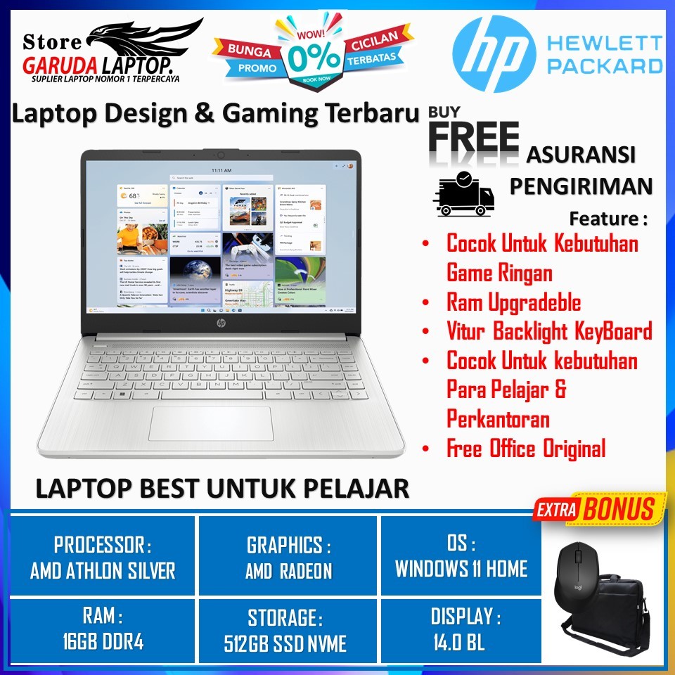 LAPTOP RESMI  HP 14S FQ0562AU AMD ATHLON 3050U 16GB 512GB 14.0 BL WIN11HOME + OHS SILVER