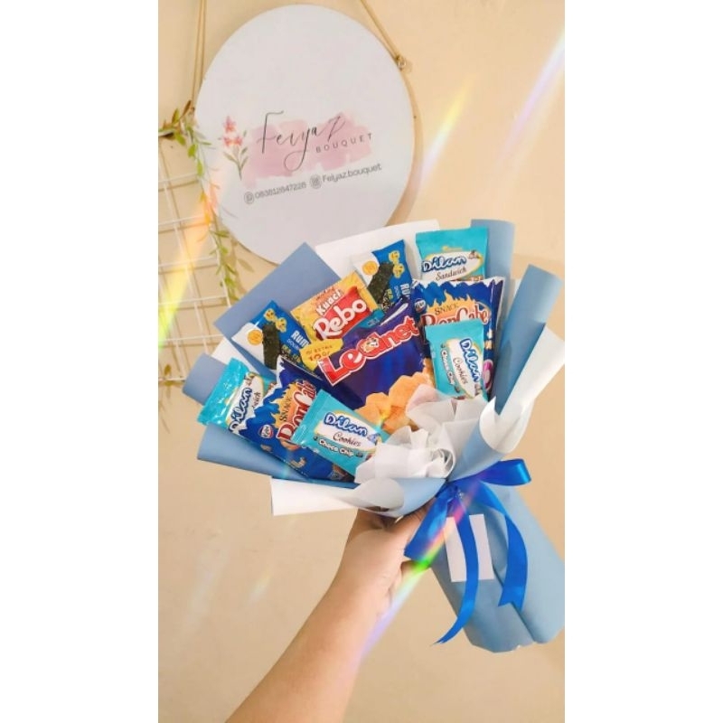 

Buket Snack | Buket Snack Tema Biru | Buket Wisuda