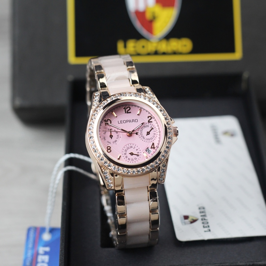 Jam tangan Wanita Leopard 2862 tali rantai keramik tanggal aktif chrono off original