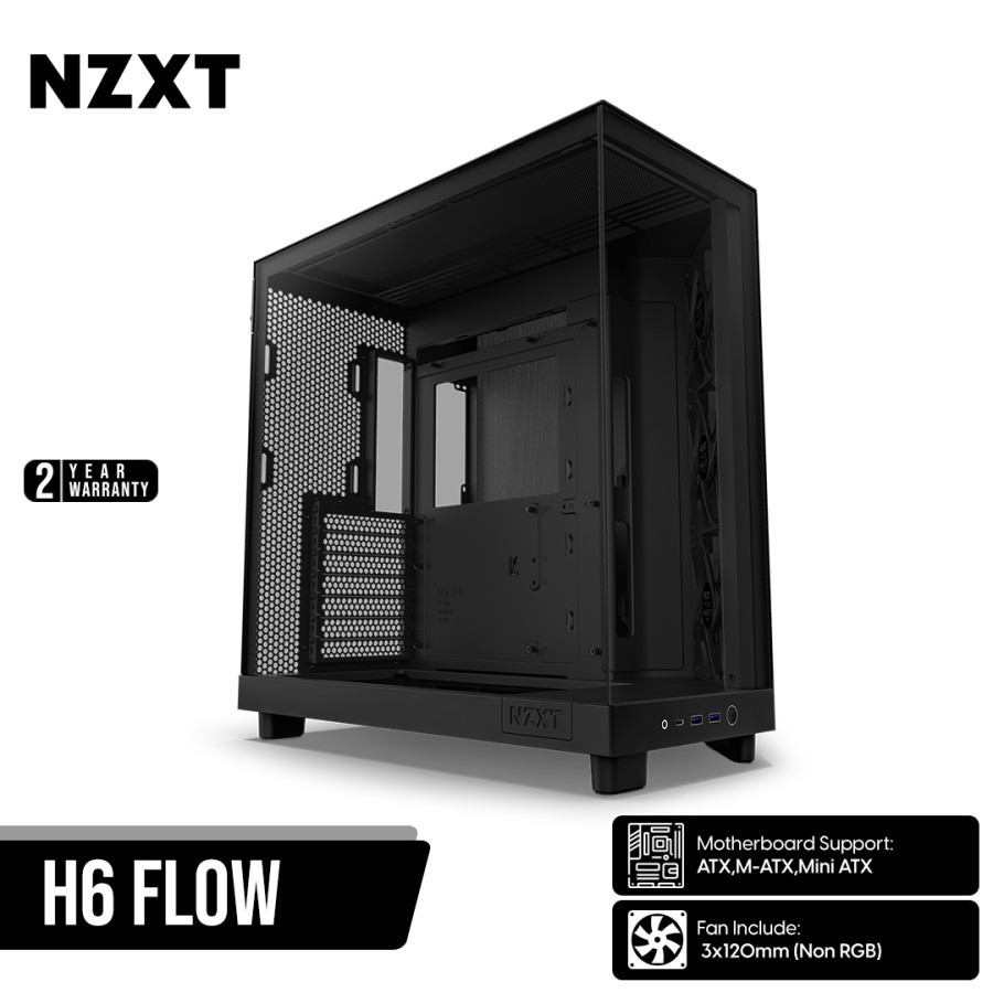 NZXT H6 Flow Compact Dual-Chamber Mid-Tower Airflow ATX Case - Hitam