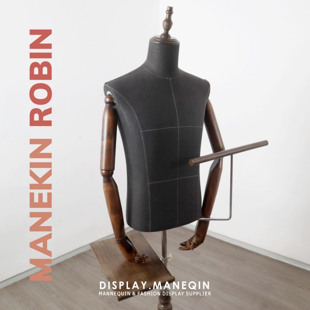 Manekin Set Pria ROBIN DM50 Setengah Badan Bahan Denim Tangan Kayu Robot Premium