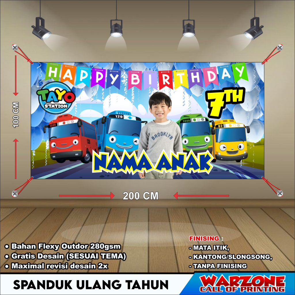SPANDUK/MMT/BANNER ULANG TAHUN TEMA TAYO. BISA CUSTOM DESAIN SESUAI TEMA UK.200X100