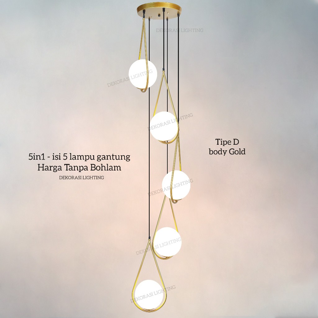 Lampu gantung void tangga 5in1 hitam gold kaca susu minimalis 5lampu