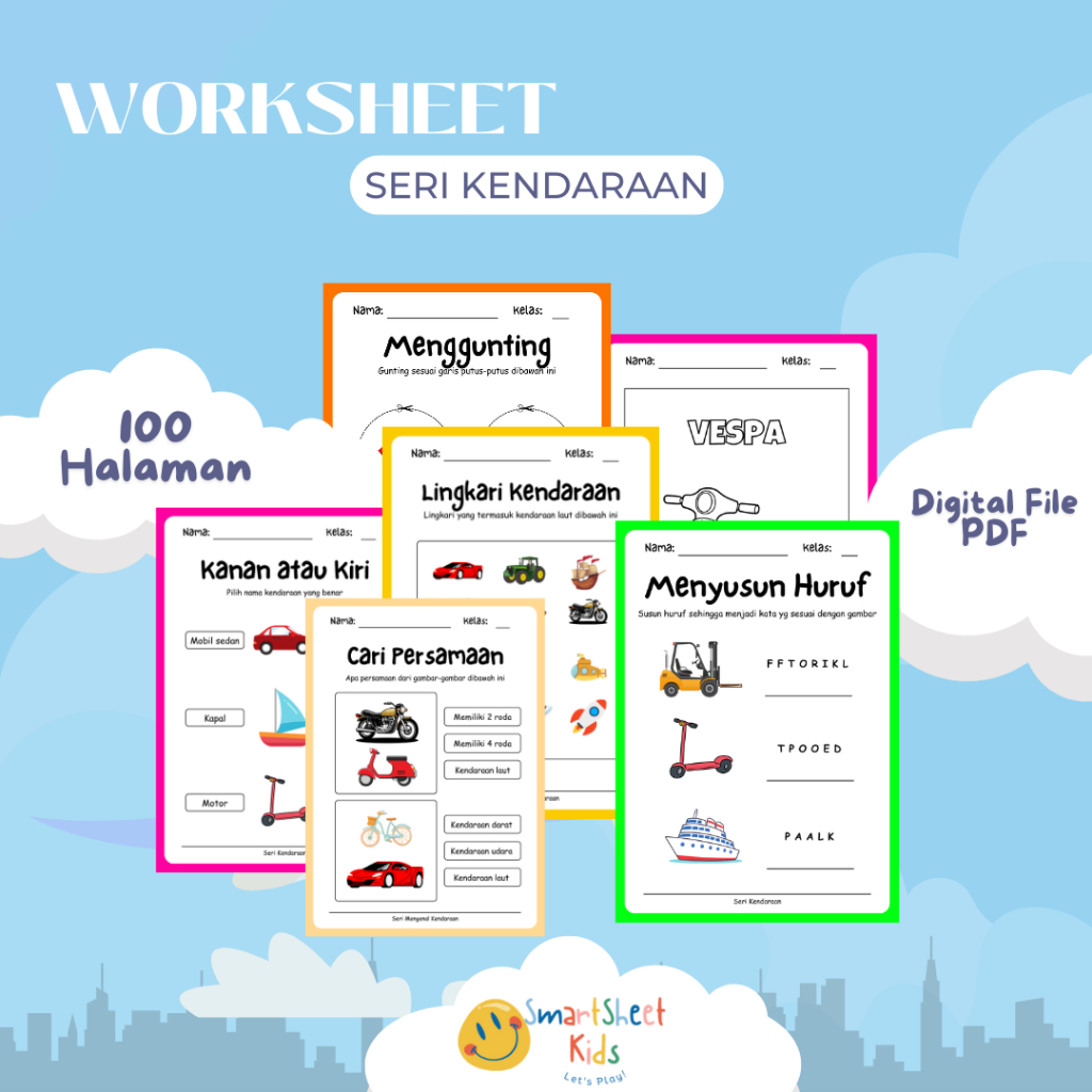 WORKSHEET PRINTABLE ANAK Seri Kendaraan DIGITAL FILE ONLY PDF Untuk usia 3 4 5 Tahun