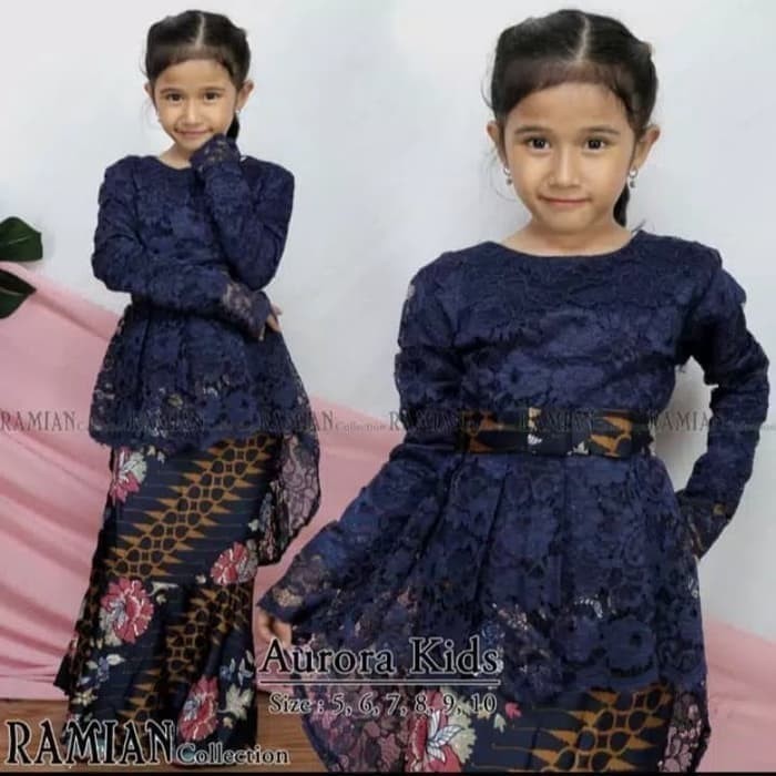 Setelan Kebaya Anak Perempuan Modern Model Aurora Bahan Brukat Warna Biru