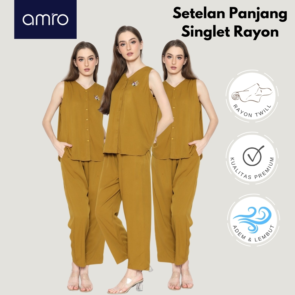 Amro Sleepwear - Naomi One Set - Piyama Rayon Twill Singlet Bordir Celana Panjang - SCP79