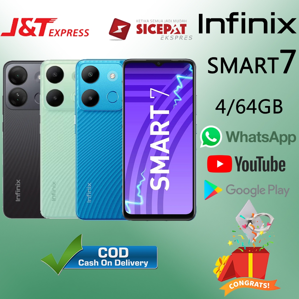 HP INFINIX Smart7 Ram 4/64GB Smartphone 4G LET 6.6inci Dual SIM 13MP+5MP  Handphone