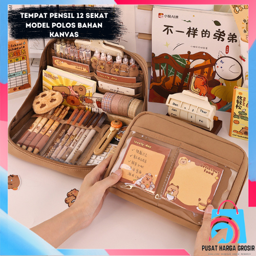 

PHG - Tempat Pensil 12 Sekat Kotak Pensil Model Polos Bahan Kanvas Ukuran Jumbo Pouch Tempat Alat Tulis 90° Kapasitas Besar Perlengkapan Sekolah Kantor 12 Layer