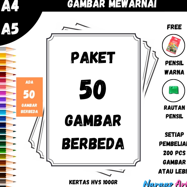 

TERLARIZZZ Gambar Mewarnai Paket 5 Gambar Berbeda Gambar Sketsa Bukan Buku TK PAUD SD Kertas HVS 1gsm