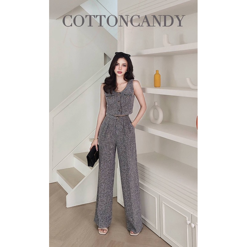 Yolanda Set (Korean Crop Gray Tweed Vest Long Pants Set Cotton Candy Import Bangkok)
