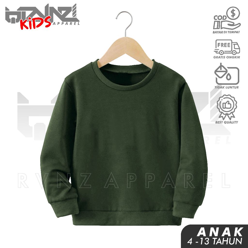 RVNZKIDS Jaket Sweater Crewneck Polos Anak Laki-Laki Perempuan Usia 4 - 13 Tahun Bahan Katun Fleece 