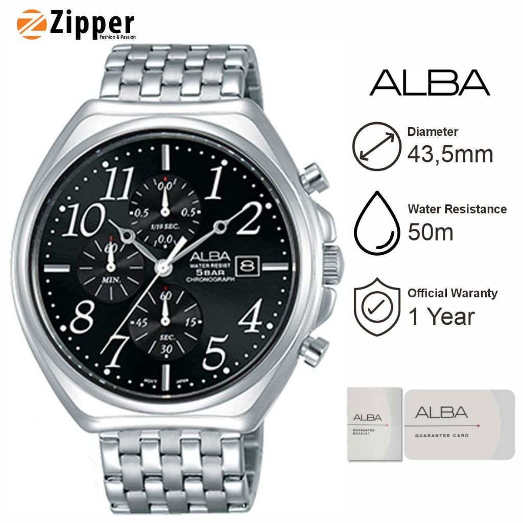 11.11 Jam Tangan Pria ALBA AM3475 Strap Rantai Silver Dial Hitam Original Garansi Resmi