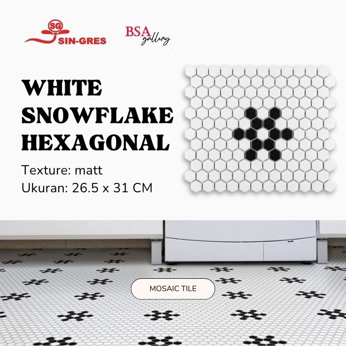 MOSAIC TILE HEXAGONAL MINI SNOW FLAKE / MOSAIC HEXAGON MINI HITAM PUTIH / KERAMIK MOSAIC DINDING LAN