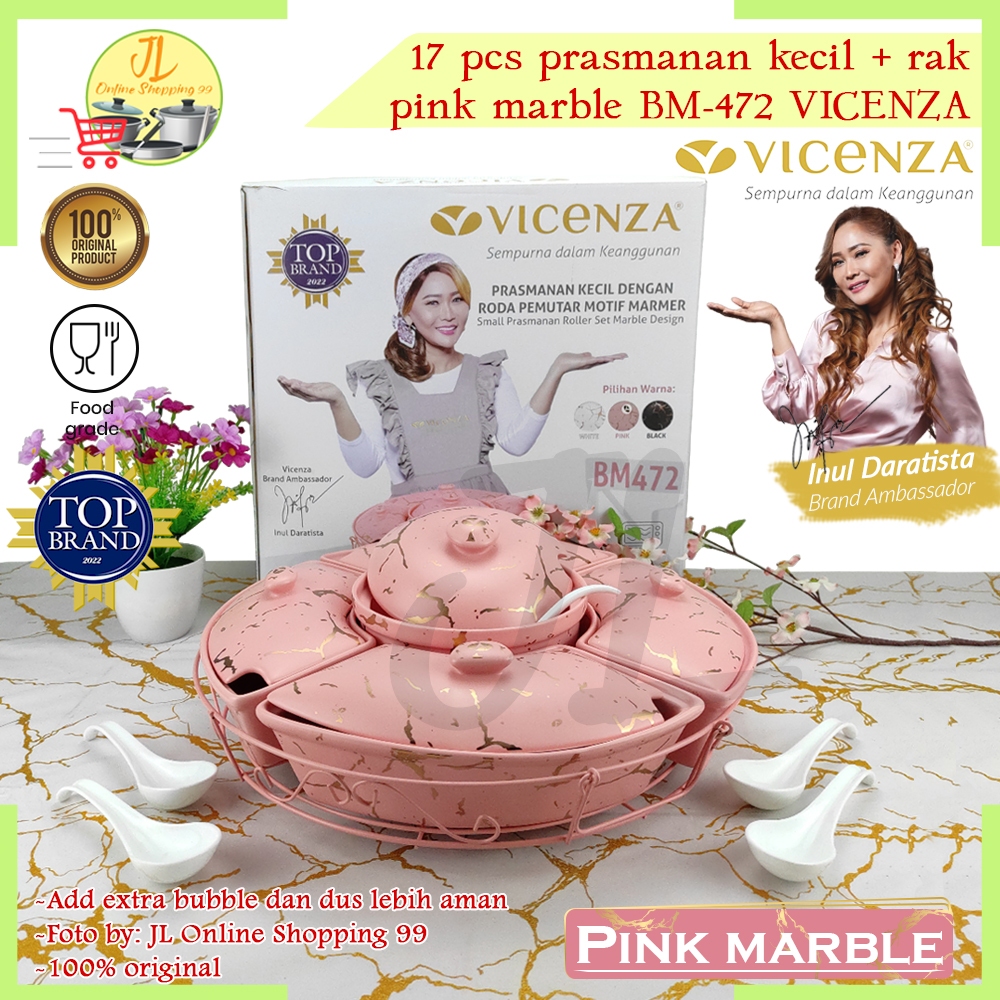 VICENZA 17pcs prasmanan set bulat motif pink marble BM-472/ wadah saji putar keramik lengkap + sendo