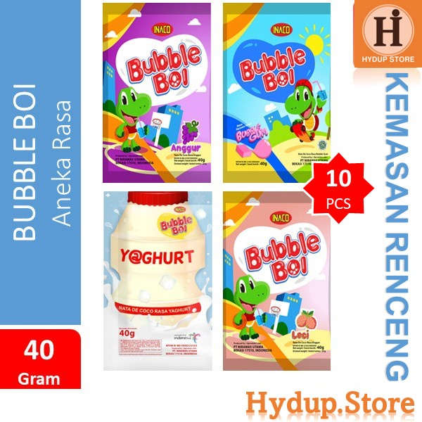 

Inaco BubbleBoi Nata De Coco Aneka Rasa Yogurt Anggur Bubble Gum Leci Renceng Isi 10 Kemasan 40 Gr