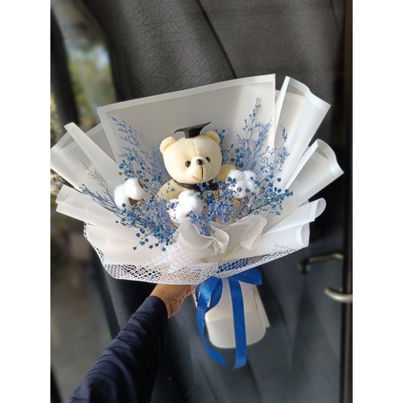 buket bunga boneka wisuda Surabaya babys breath bunga kapas artificial