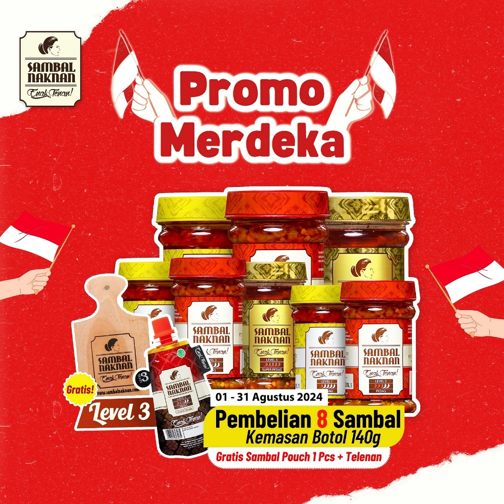

PROMO MERDEKA (Mix 8 Sambal Naknan Botol 140 gr free 1 Sambal Pouch dan Talenan) Pilih level favoritemu