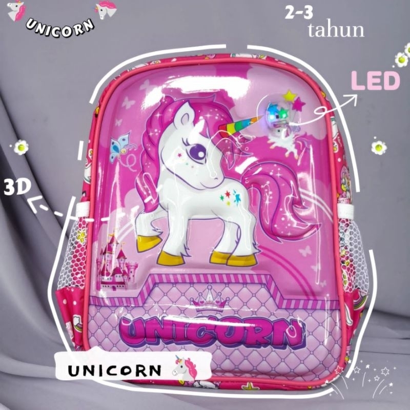 Tas anak perempuan NEW UNICORN PAUD 3d+LeD 1 RUANG, tas anak PAUD 1-3tahun karakter lucu terbaru.