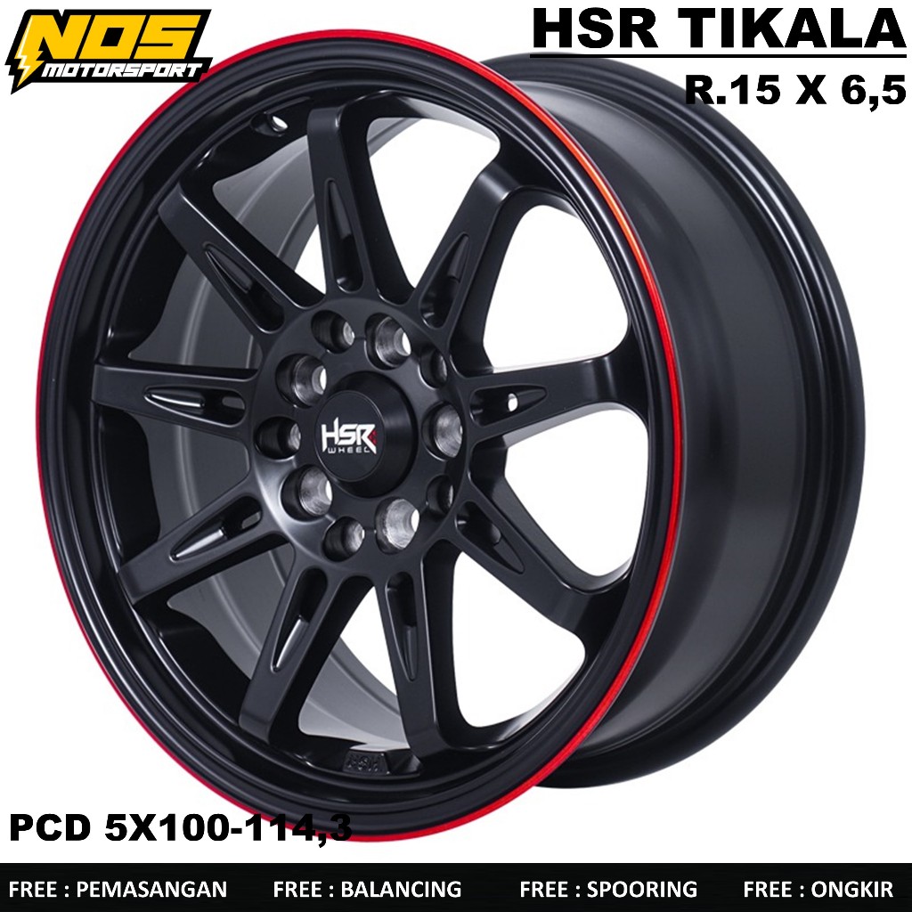 Velg racing mobil innova ertiga HSR TIKALA R15 lubang baut 5 warna hitam list merah