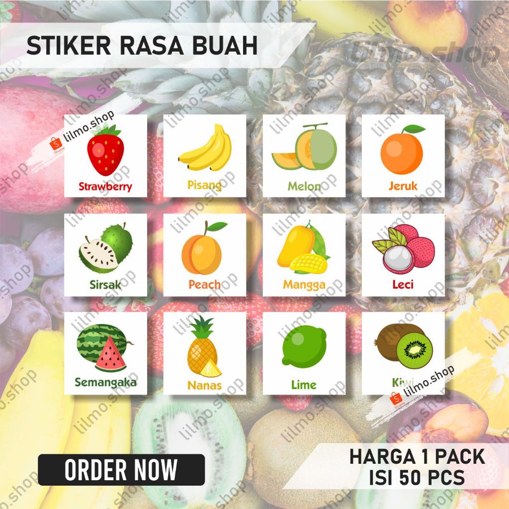 

(HARGA 1 PACK ISI 45 PCS) Stiker Rasa Buah, Label Rasa Buah, Bentuk kotak Uk 3x3 cm