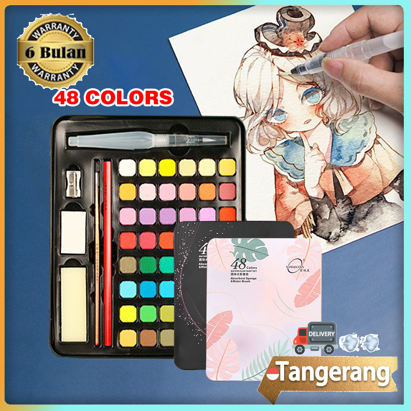

48 Warna Solid Watercolor Paint Set Cat Air Padat Warna Terang Dengan Kuas Air Set