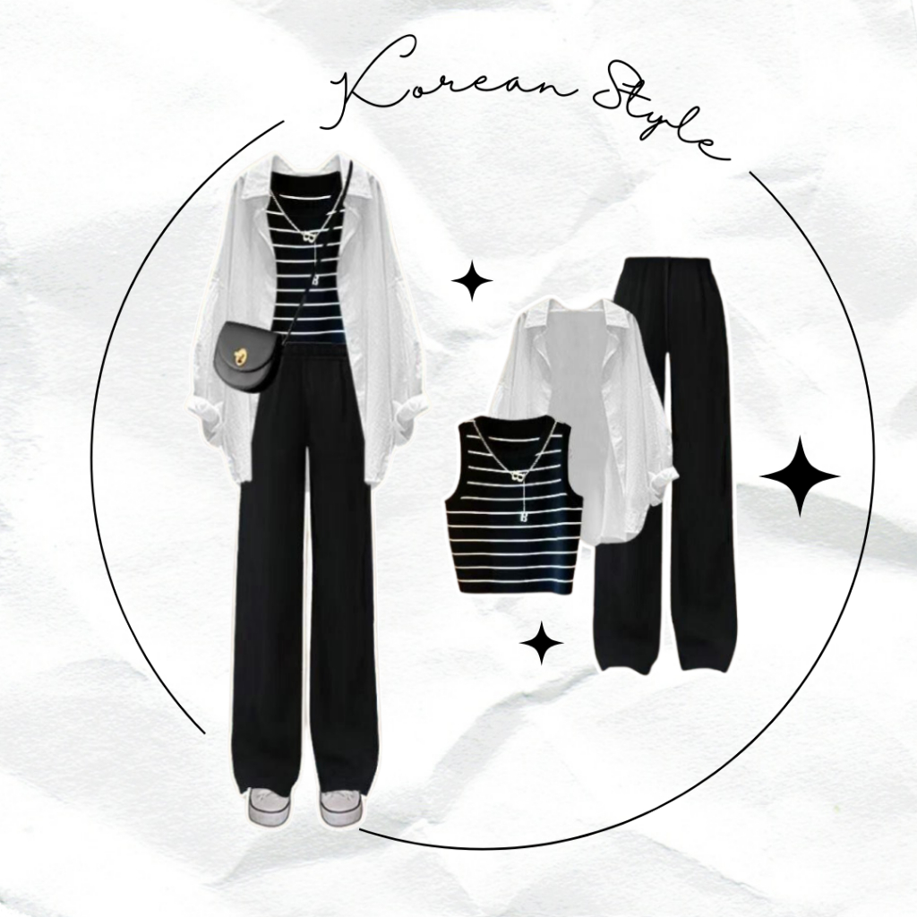 3 In 1 One Set  Korean Style Wanita Kekinian Outfit Remaja Aestatic Kece With Stripe Inner White Blo