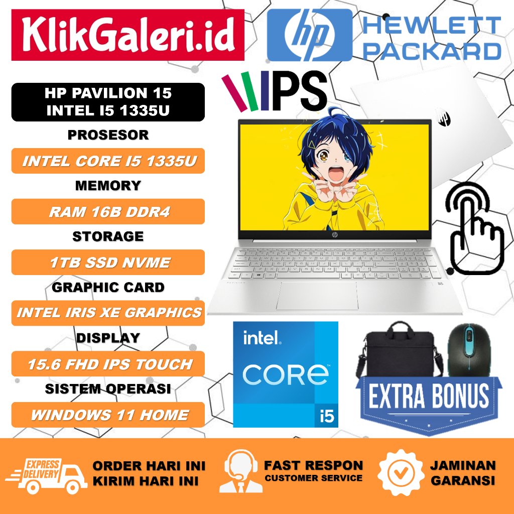Laptop Gaming HP PAVILION 15 Intel Core i5 1335U 16GB 1TB SSD FHD IPS Touchscreen Backlit Keyboard