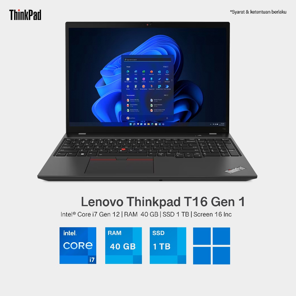 LAPTOP LENOVO Thinkpad T16 Core i7 GEN 12 RAM 40 GB SSD 1 TB layar 16 Inc