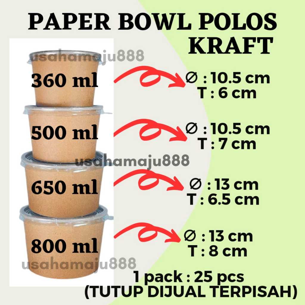 Paper Bowl Kraft isi 25 pcs Coklat Laminasi / Mangkok Kertas + Tutup / Paper Rice Bowl