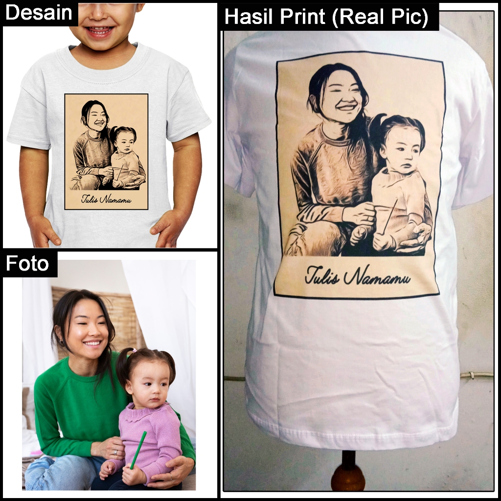 Kaos Anak dan Balita Custom Foto. Bisa Pakai Nama. Foto Diubah Jadi Gambar Sketsa Karikatur. Bahan K