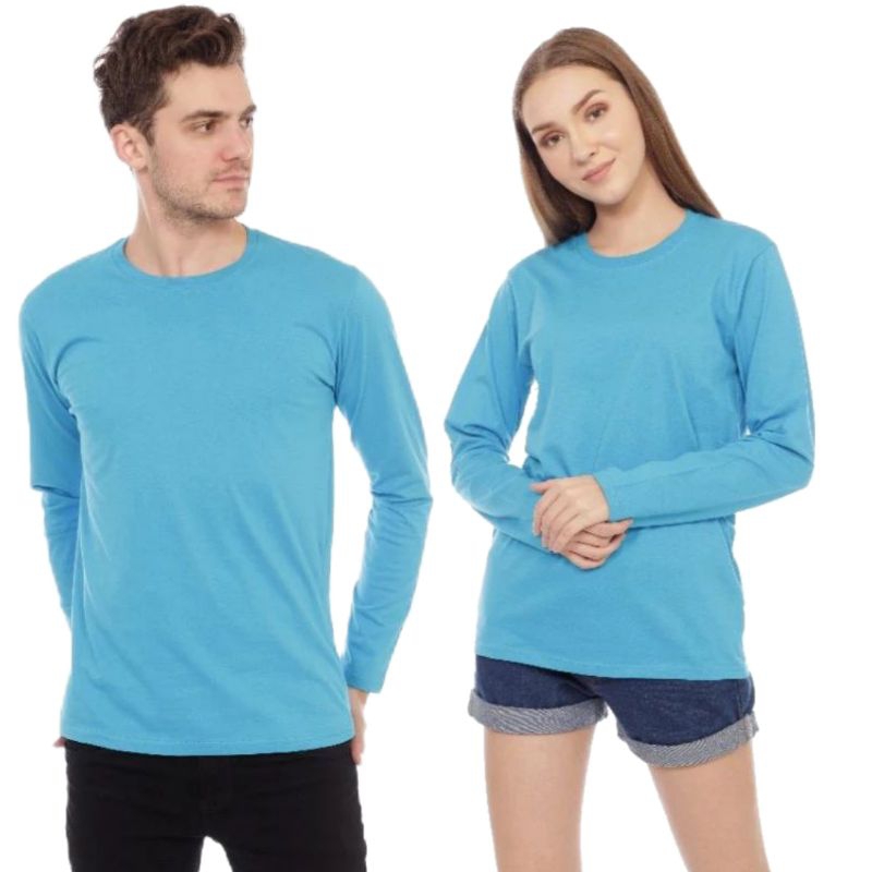 Kaos Polos Lengan Panjang Warna Biru Turkis Pria dan Wanita