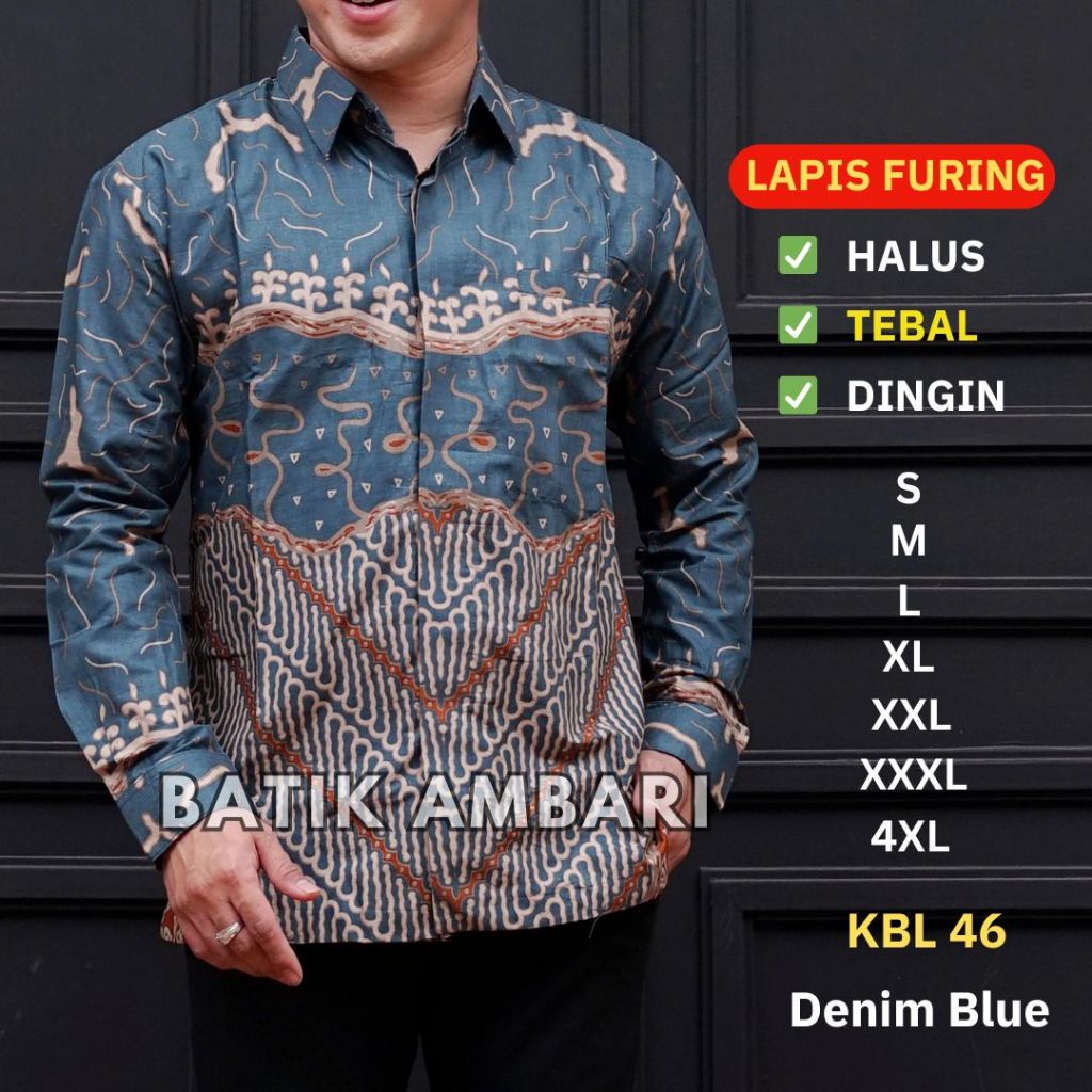 Kemeja Batik LAPIS FURING Lengan Panjang Pria Premium Standar & Jumbo Biru Denim Batik Ambari KBL 46
