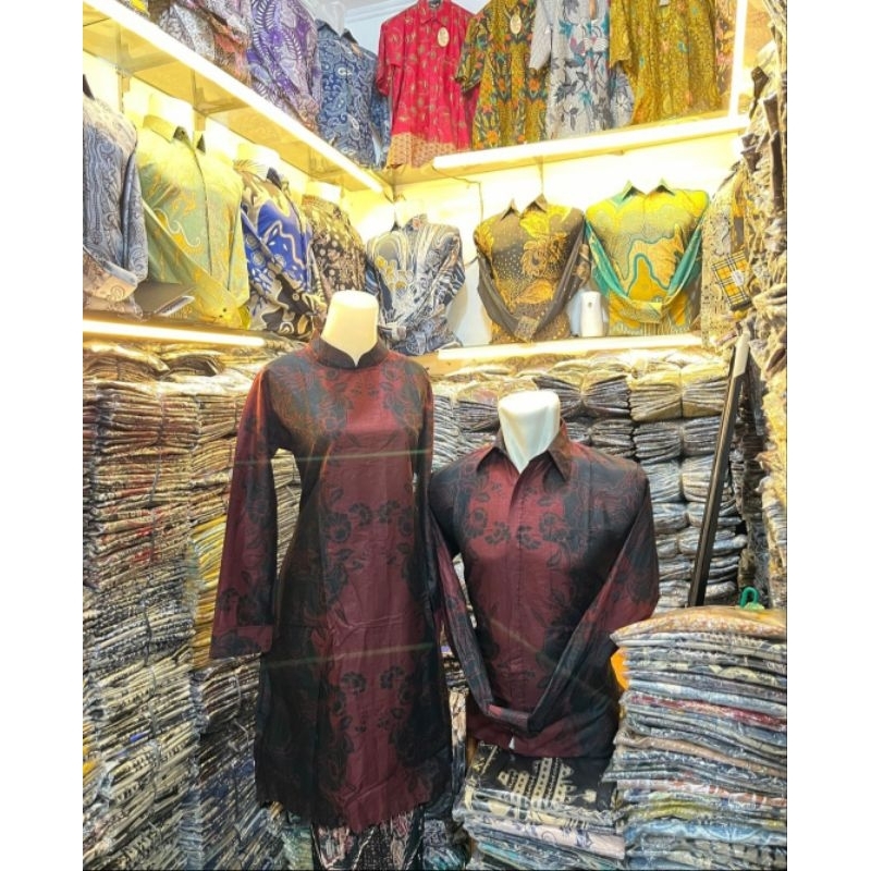 baju batik couple modern wanita tunik dan pria lengan panjang dan pendek motif terbaru