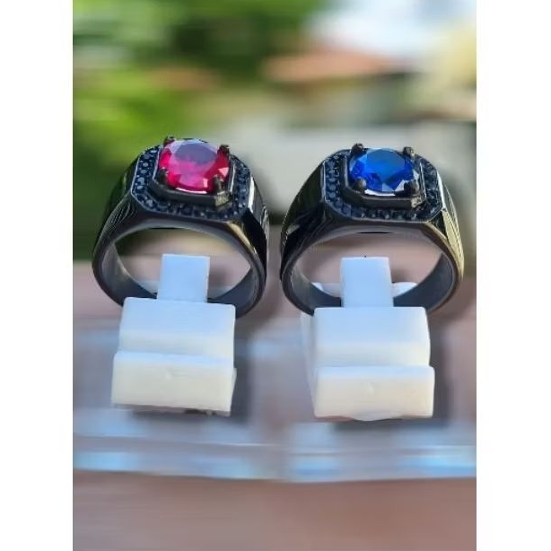 Cincin pria blue safir dan ruby star ring hitam titanium super tidak luntur anti karat