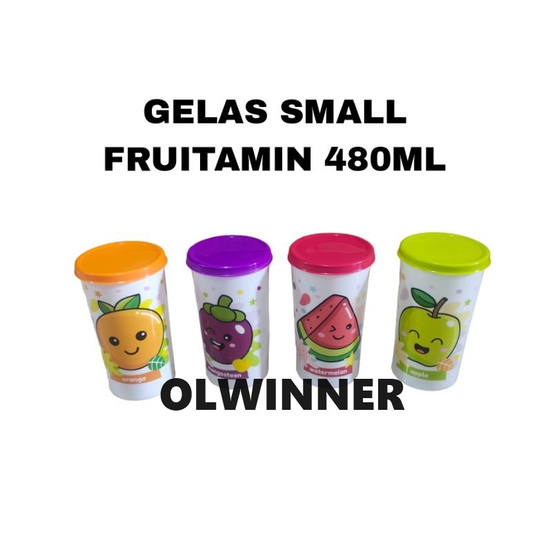 GROSIR 1 LUSIN (12 PCS)GELAS TUTUP SMALL FRUITAMIN 480ML GELAS PLASTIK KARAKTER BPA FREE SOUVENIR