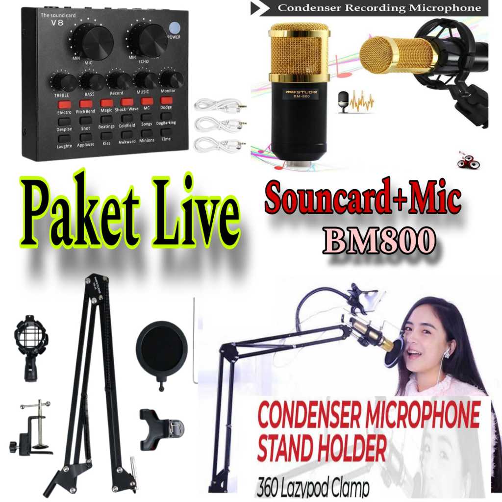 PAKET Sound card V8 plus mikrofon kondenser BM800 Mixer Bluetooth SoundCard V8 Audio Soundcard