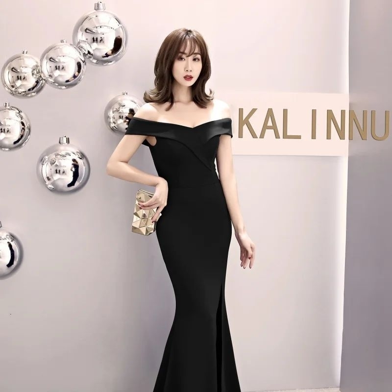 Dress wanita warna hitam seksi model keren korea lengan pendek elegant
