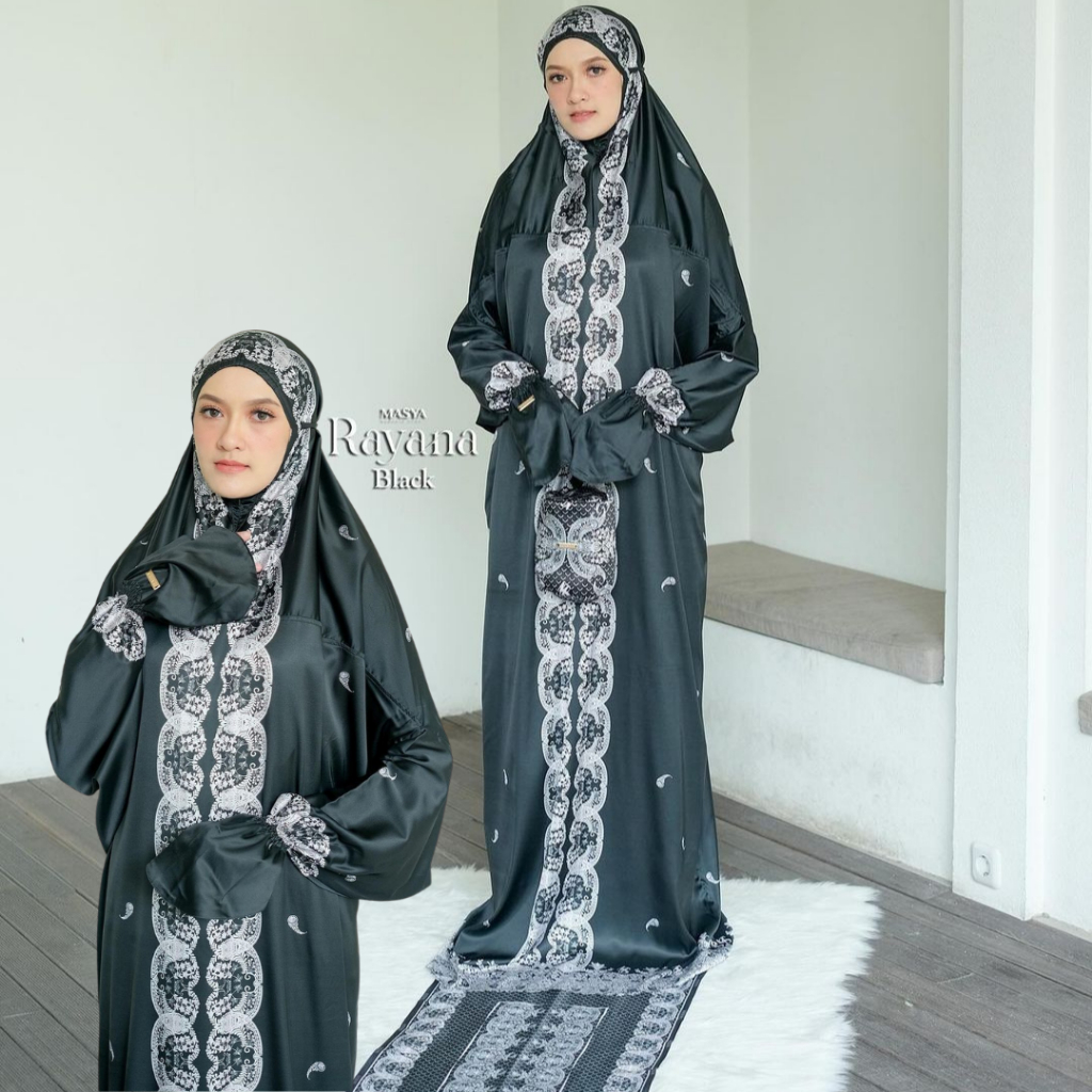 Mukena Mukenah Mewah Prayer Set Armani Silk Warna Hitam - Putih - Black - Broken White - Navy - Mera