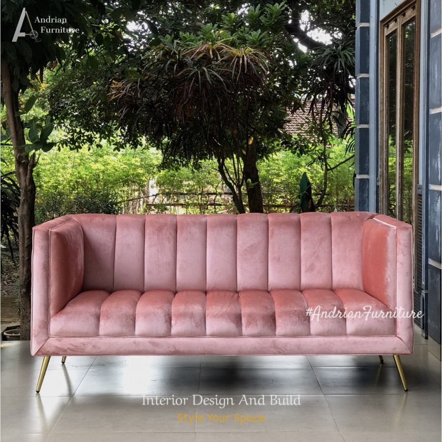 Sofa Ruang Tamu / Keluarga Minimalis Modern Pink Sakura Kaki Stainless