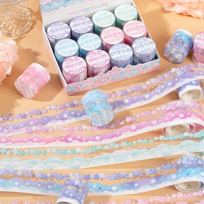 

Tape stiker awan star PET cantik aesthetic waterproof Masking tape sticker roll PVC bening anti air Diary jurnal scrapbook lucu DIY karakter kartun lucu Daily planner untuk dekorasil Anak perempuan