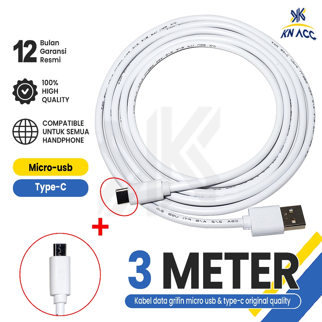 [KN ACC] KABEL DATA CHARGER CCTV/HP GRIFFIN MICRO USB / TYPE C 3 METER UNIVERSAL
