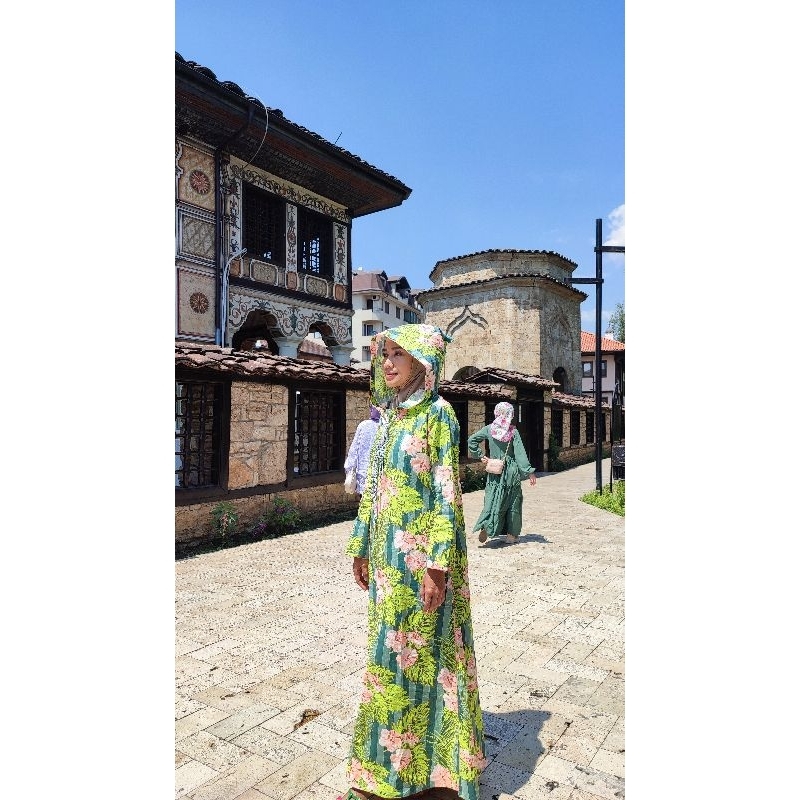 Gamis Hoodie Maroko Kaftan Djellaba Jalabiya Wanita Hijau Salur Bunga Salem