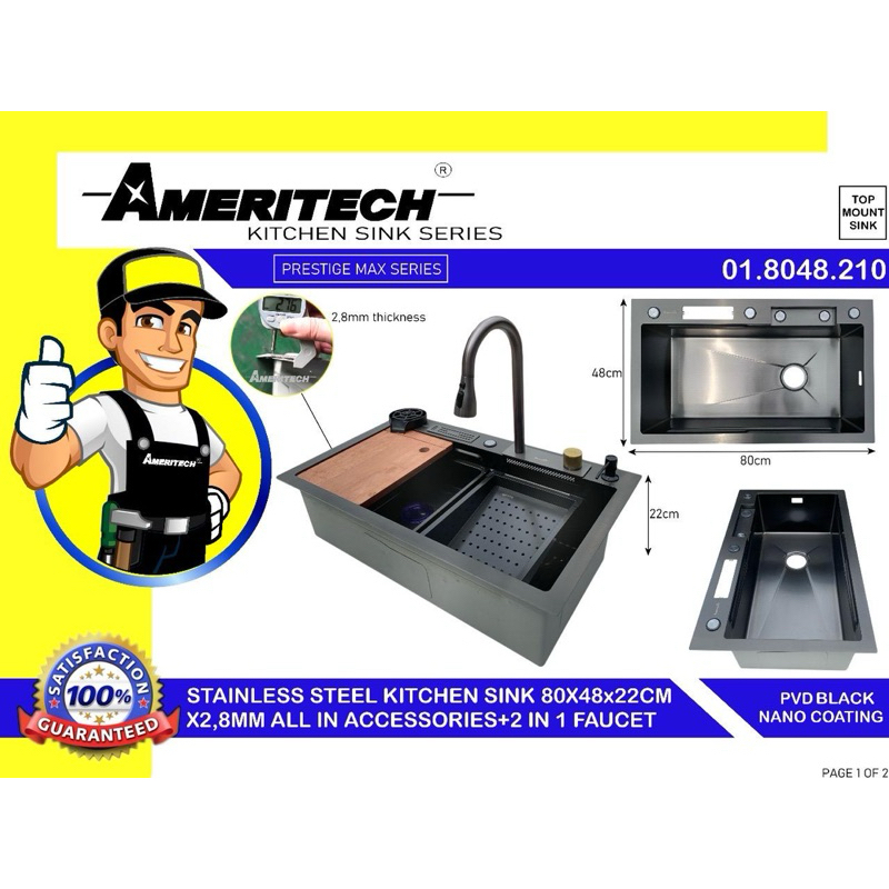 KITCHEN SINK BCP CUCI PIRING AMERITECH BLACK STAINLESS SUPER KOMPLIT 80x48CM