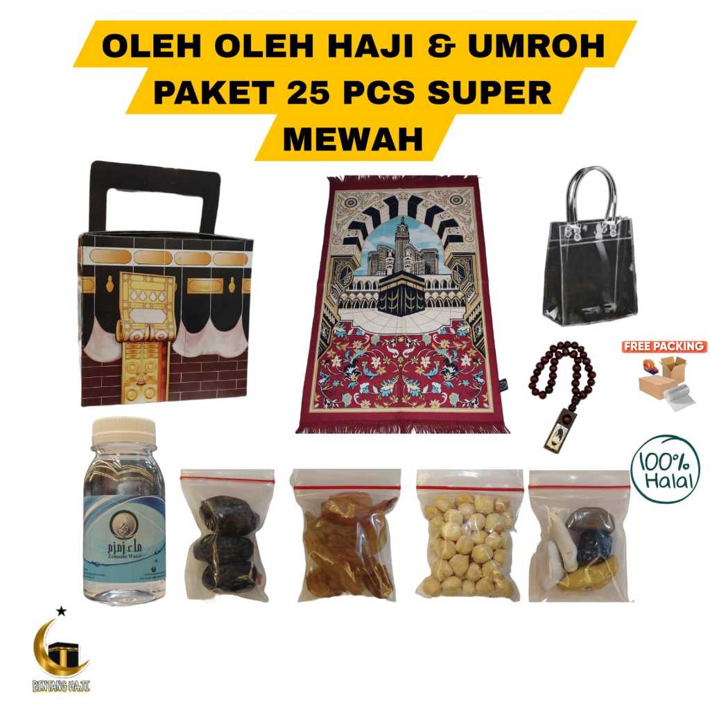 

Oleh-oleh haji&umroh @25pcs paket mewah plus sejadah swed dus kotak,tali,kabah